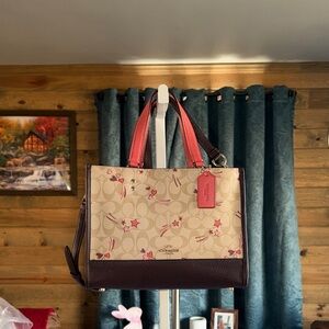 Coach Signature Canvas Satchel - Cream and Red Stars and Heart